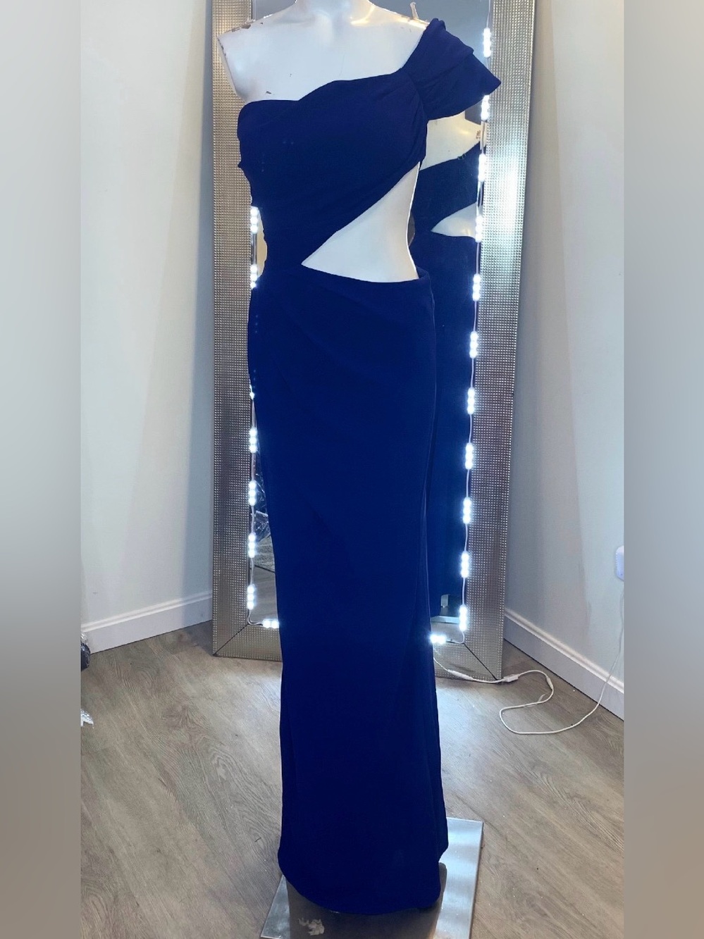 Tarik Ediz One-Shoulder Navy Blue Cutout Gown